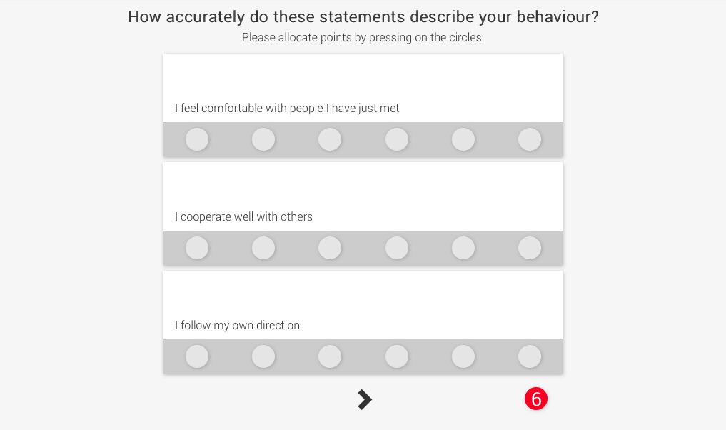 An example of a typical cabin crew personality test. How would you award the 6 points across these three statements?