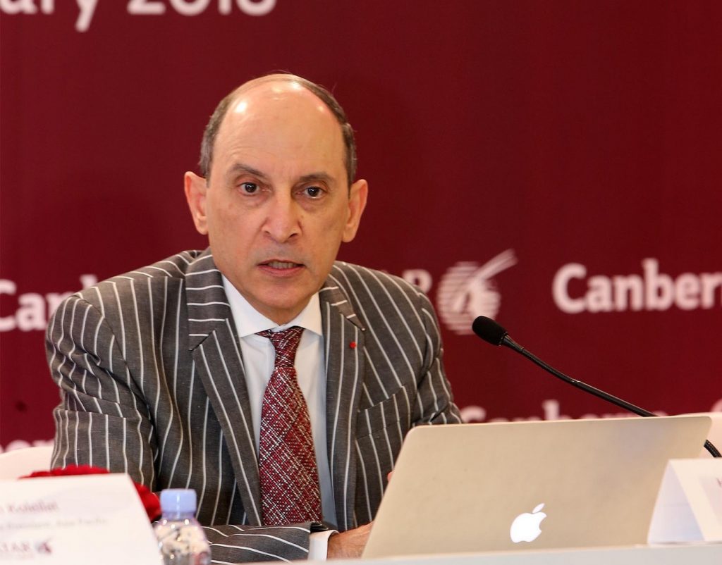 Akbar Al Baker speaking in Canberra, Australia at the launch of his airline's fifth route to the country. Photo Credit: Qatar Airways