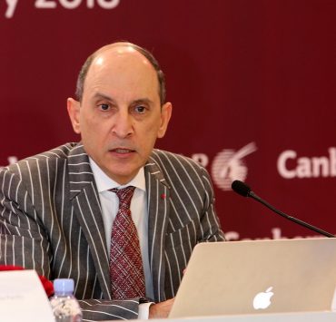 Akbar Al Baker speaking in Canberra, Australia at the launch of his airline's fifth route to the country. Photo Credit: Qatar Airways