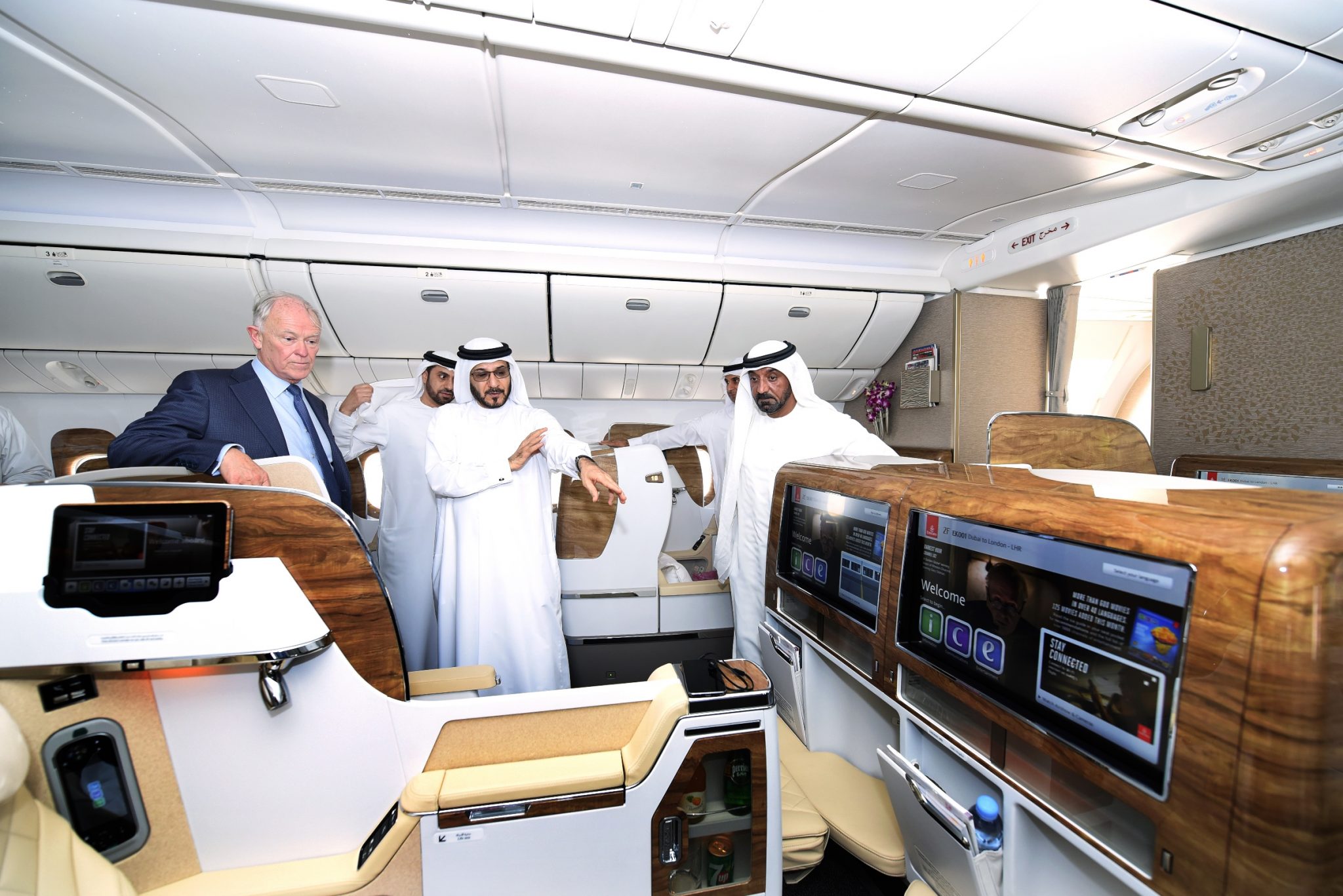 Sir Tim Clark, shown left, reviews the new Business Class on Emirates' Boeing 777-200