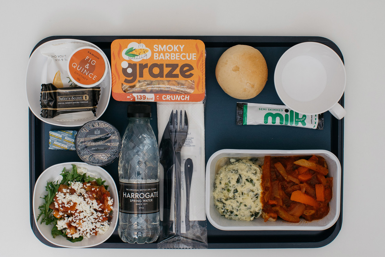 a tray with food and drinks on it