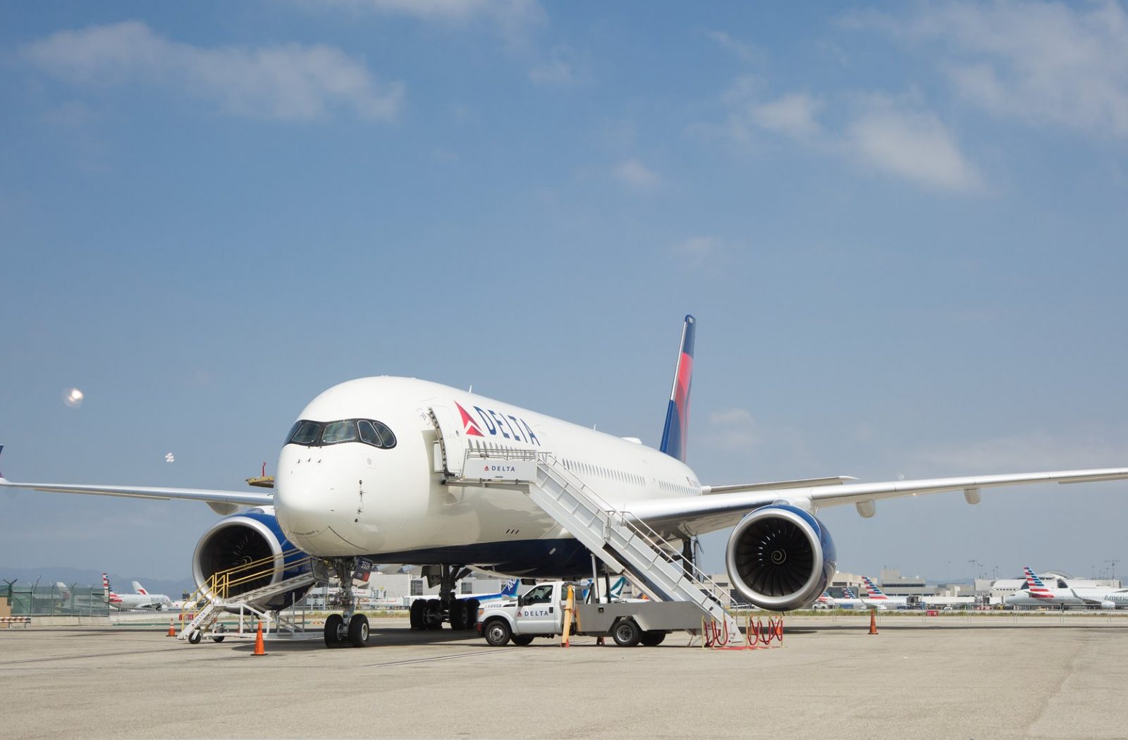 a plane with stairs on the side
