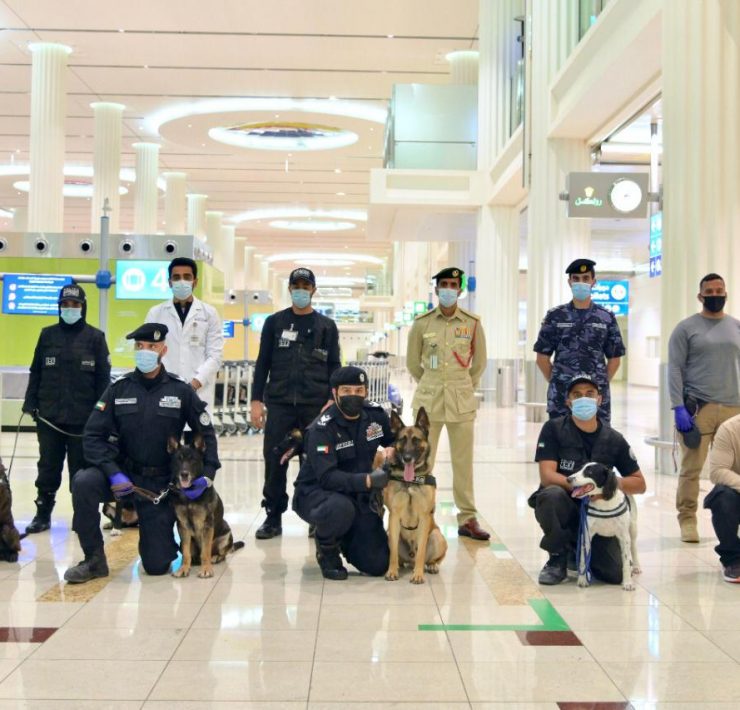 a group of people with dogs in a building