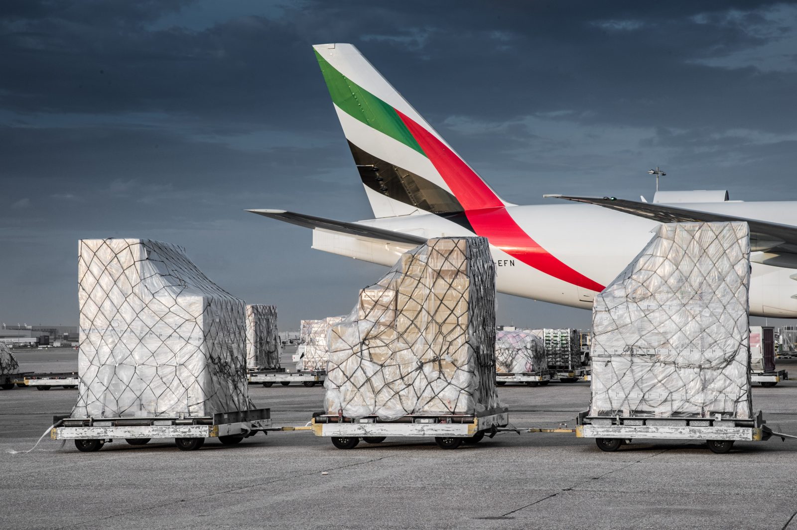 a plane with luggage on carts