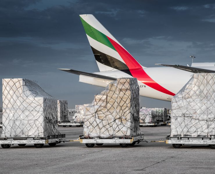 a plane with luggage on carts