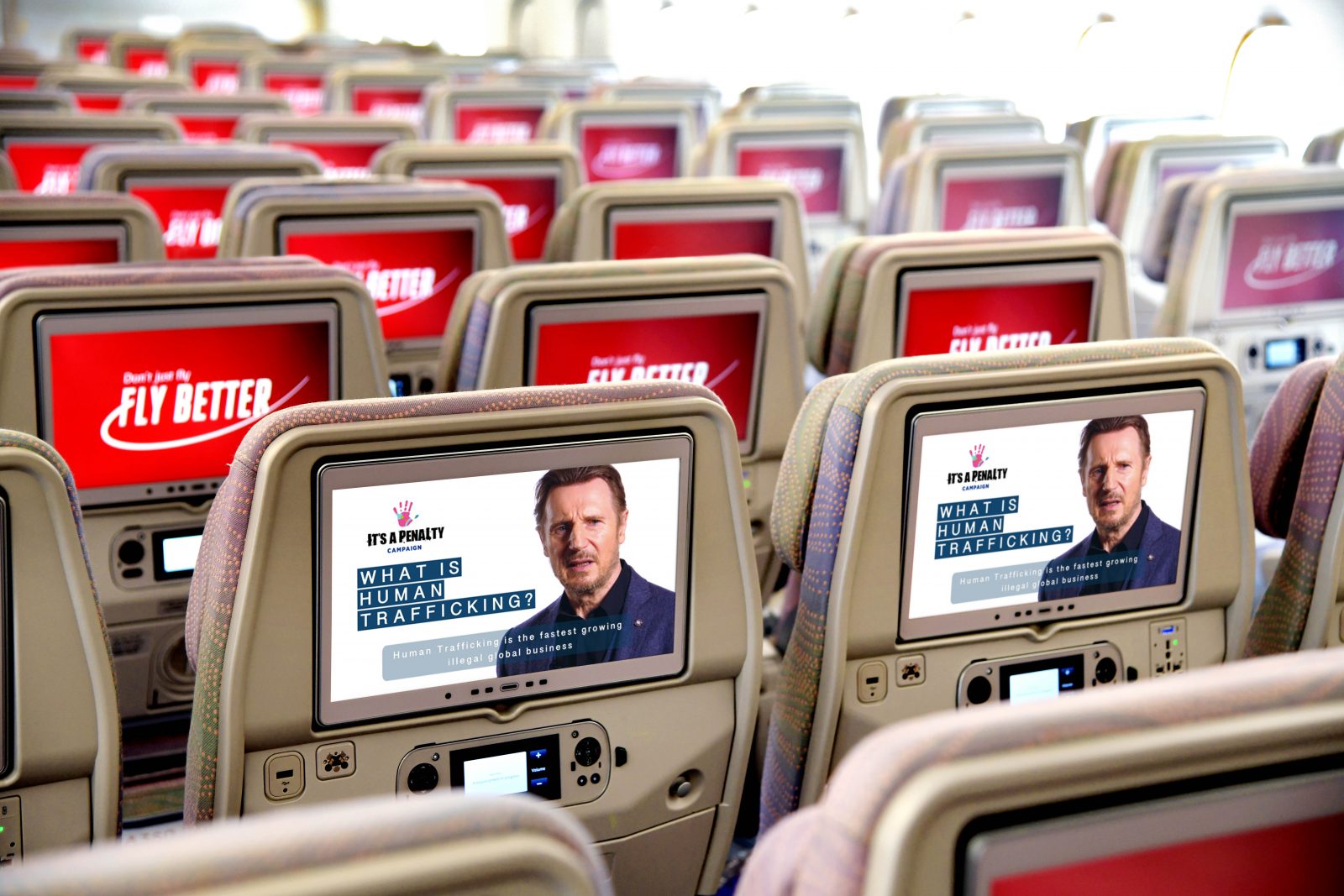 a row of seats with screens on the back