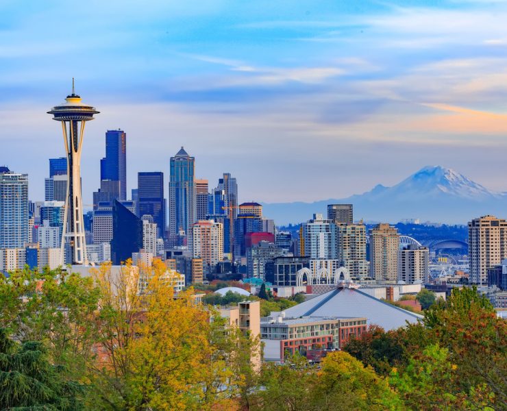 a city skyline with a mountain in the background