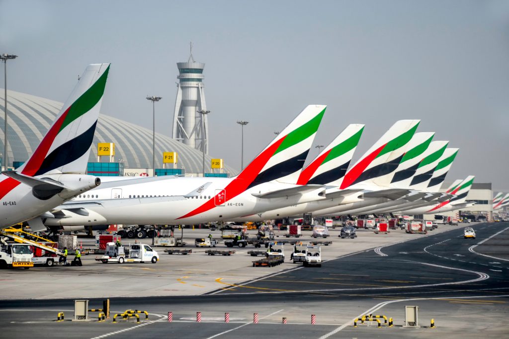 Emirates aircraft parked at Dubai International Airport