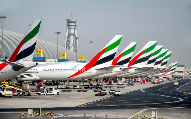 emirates planes parked up at dubai international airport