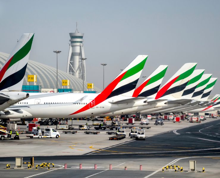 emirates planes parked up at dubai international airport