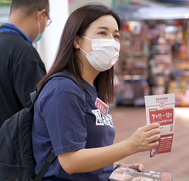 a woman wearing a face mask