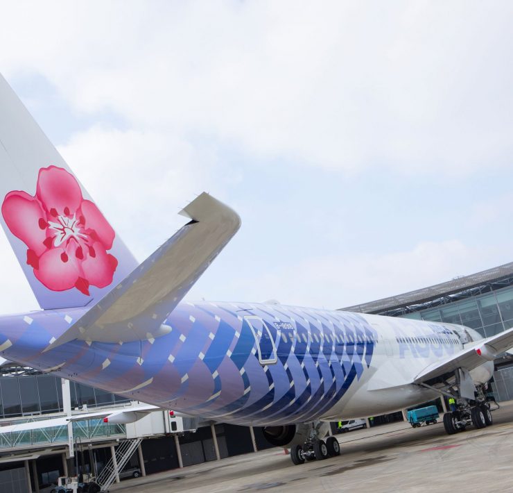 a blue and white airplane with a pink flower on the tail
