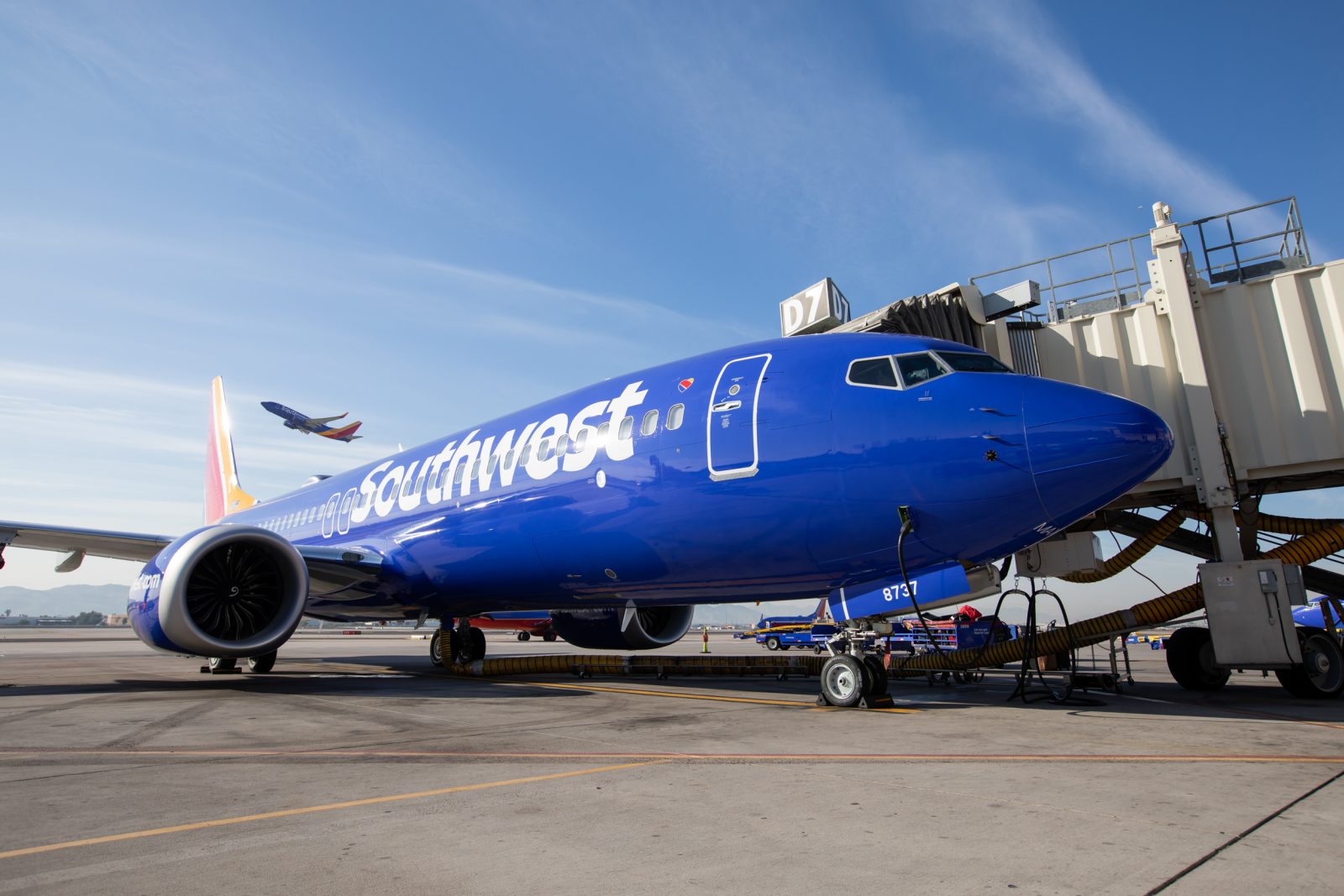 a blue airplane on the tarmac