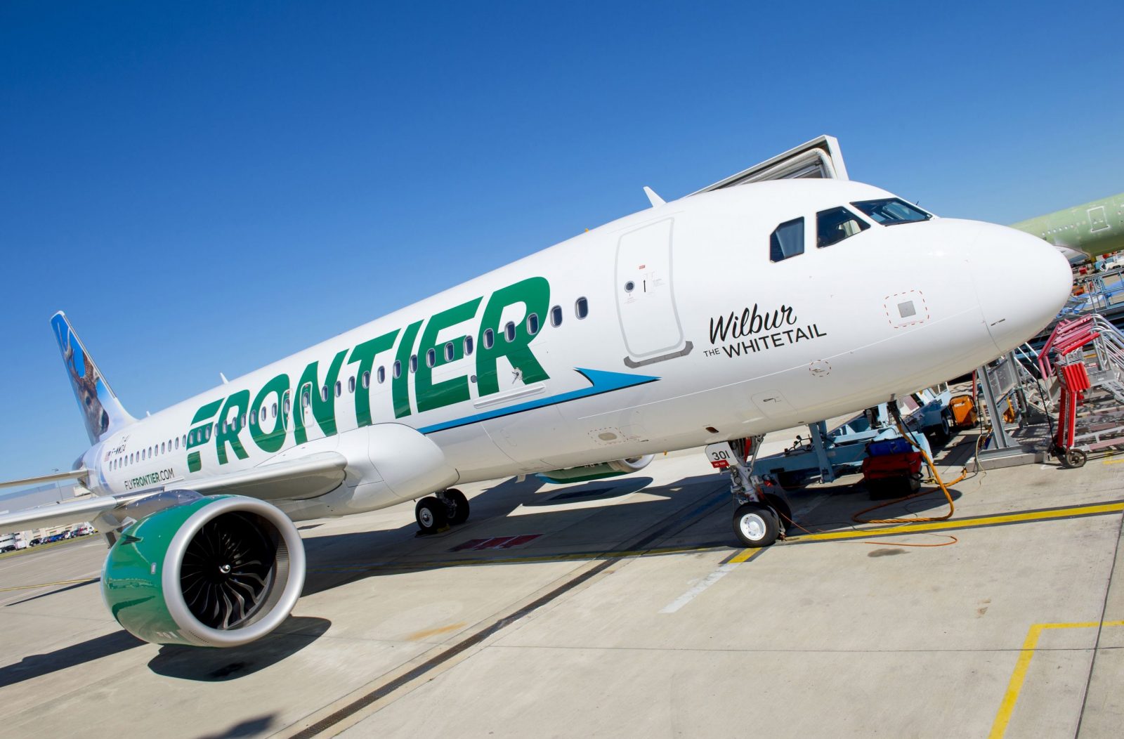 a white airplane with green writing on it