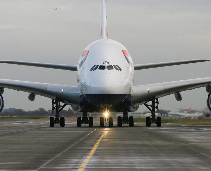 A British Airways Airbus A380 taxis at Heathrow Airport