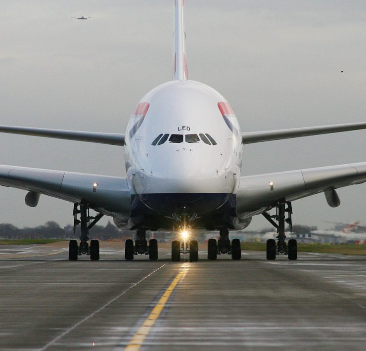 A British Airways Airbus A380 taxis at Heathrow Airport