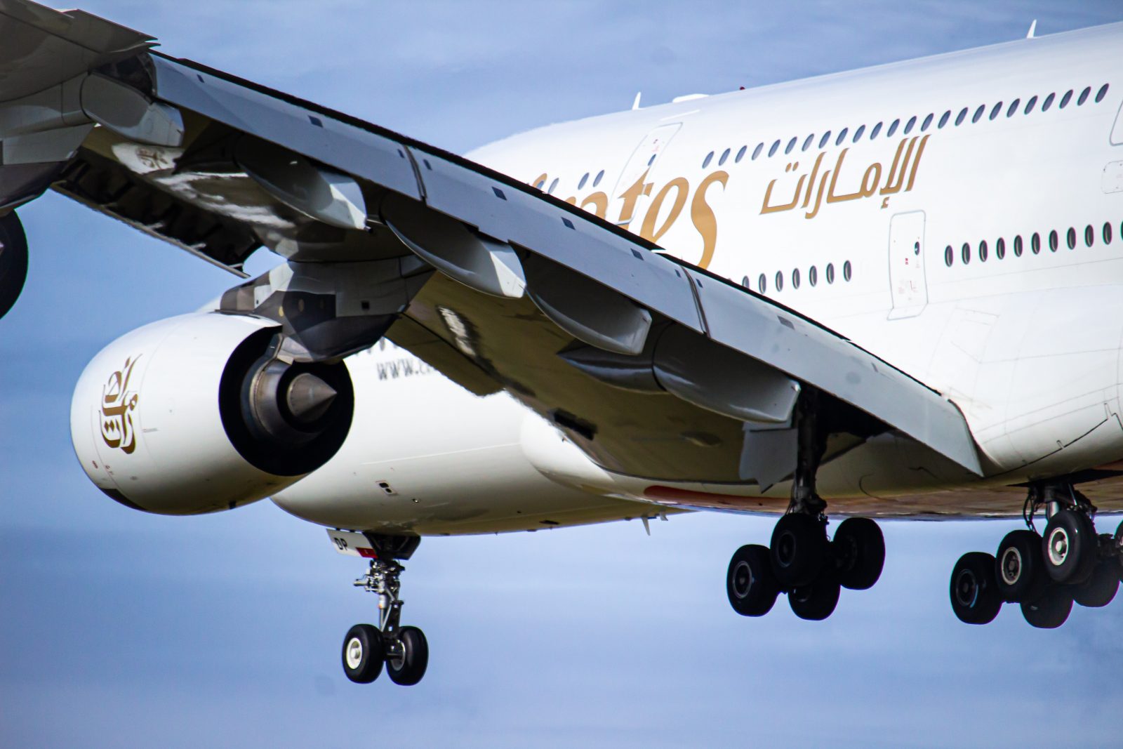 Close up of an Emirates Airbus A380 coming into land