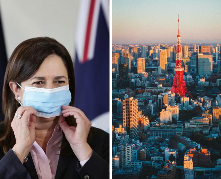 a woman wearing a face mask and a city