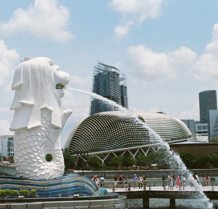 a statue of a lion with a fountain in front of a city