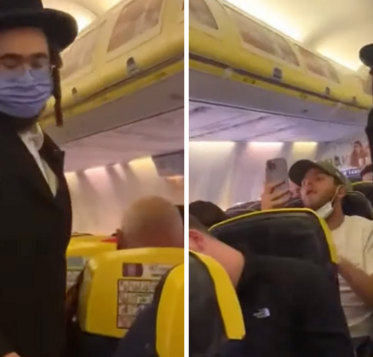 a man wearing a mask on an airplane