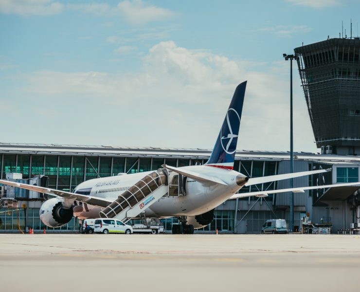 an airplane with stairs going up to it