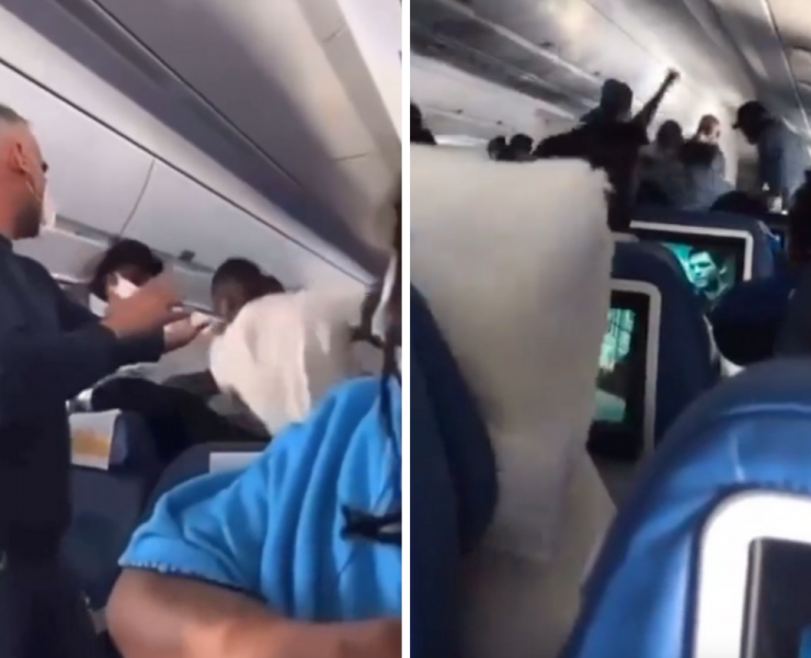 a group of people sitting on an airplane