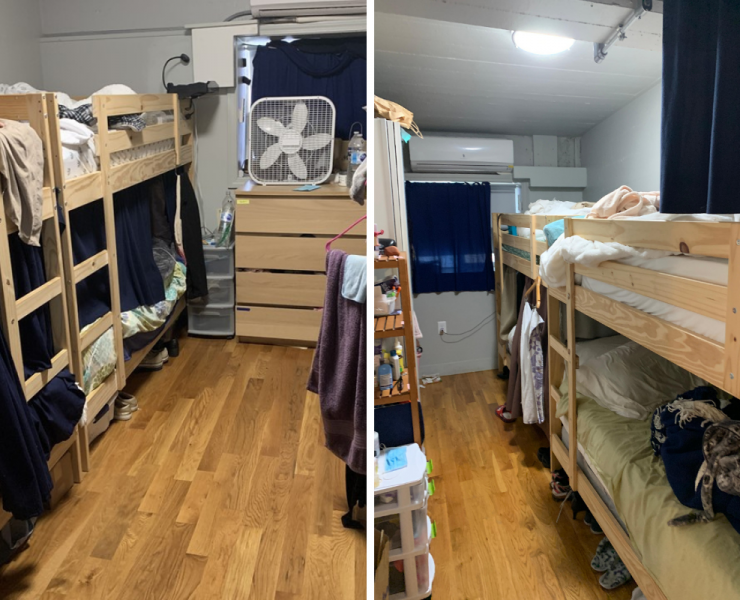 a collage of a room with bunk beds