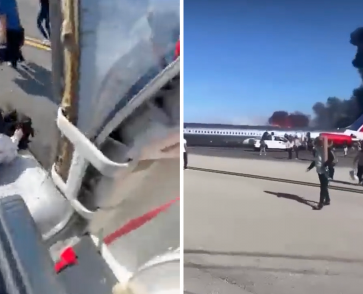 a collage of a plane and a woman walking
