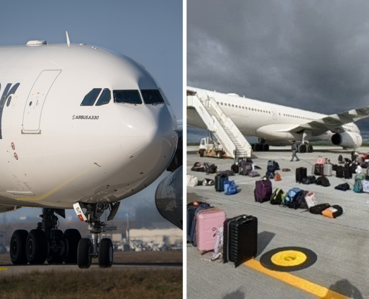 a plane with luggage on the ground
