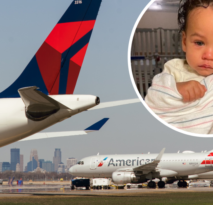 a baby in a baby crib and a plane