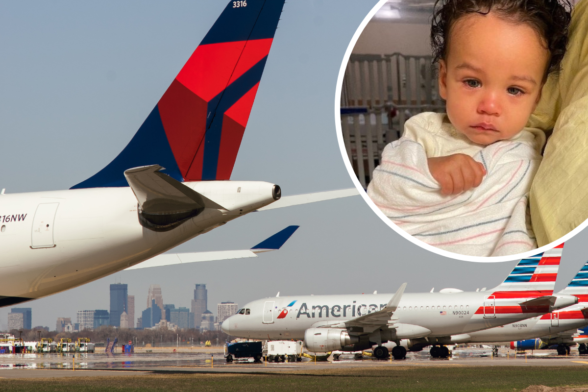 a baby in a baby crib and a plane