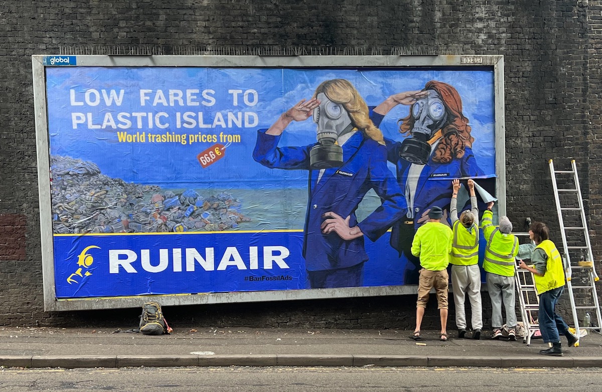 Brandalism “hijacked” over 500 corporate advertising spaces, replacing adverts with satirical artworks denouncing the role of aviation industry advertising in the ‘climate crisis’