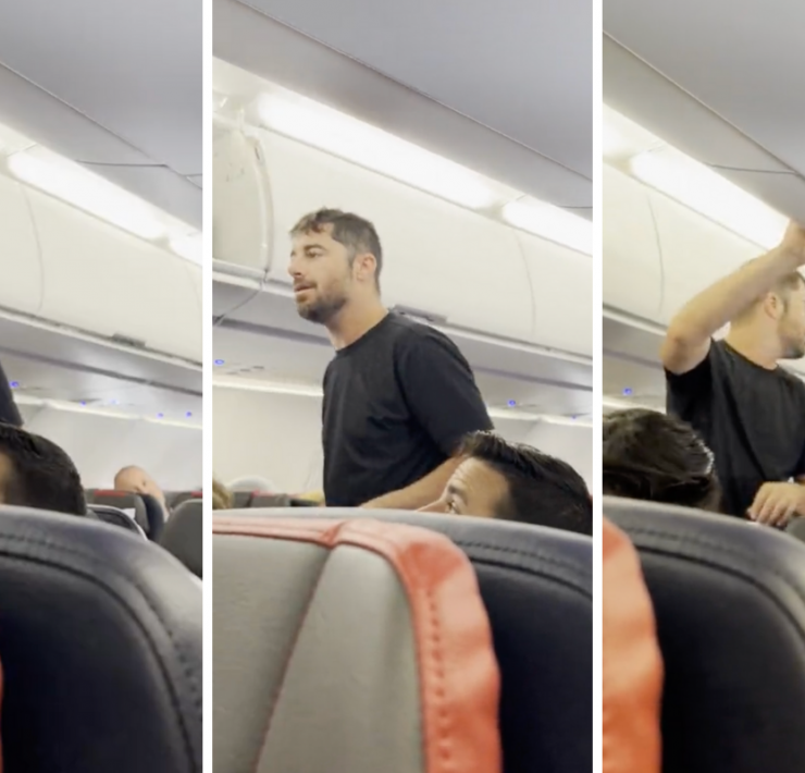 a collage of a man standing on an airplane