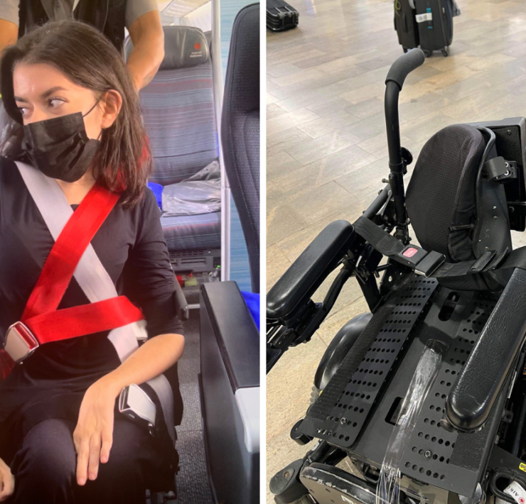 a woman in a wheelchair with a mask