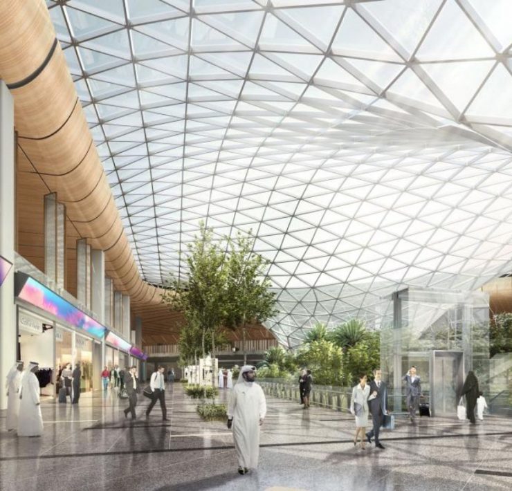 a glass ceiling with people walking around