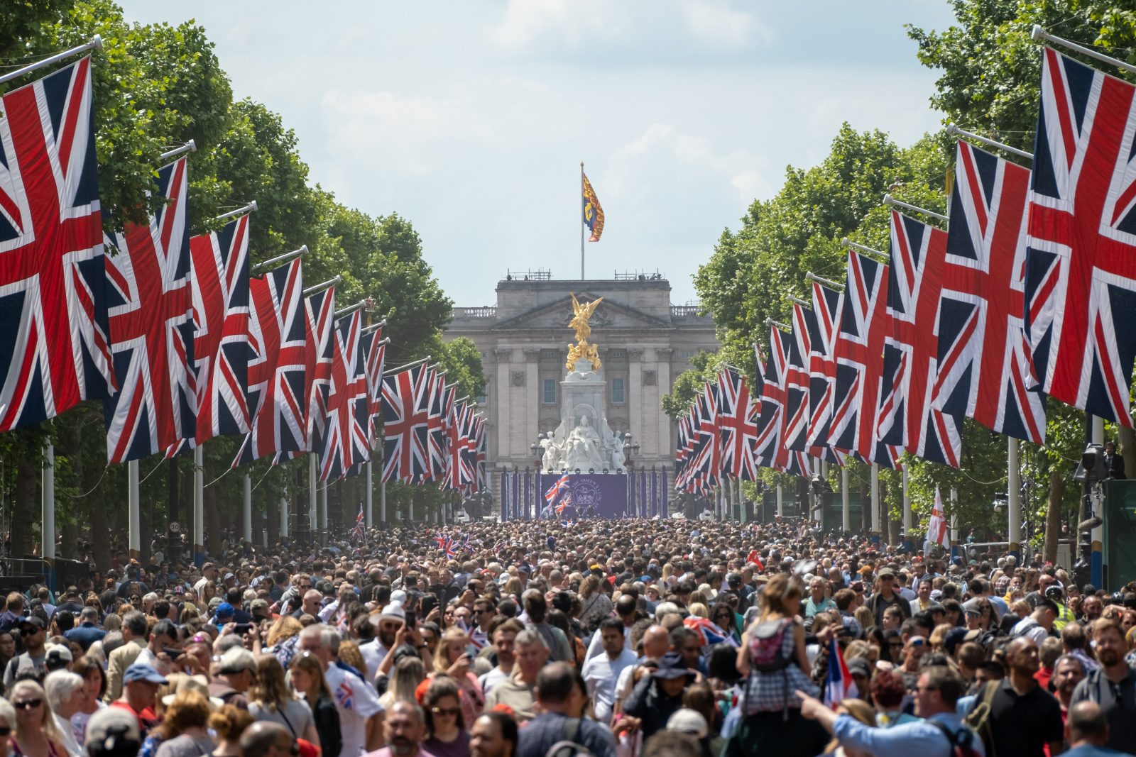a large crowd of people walking down a street with flags with The Mall, London in the background