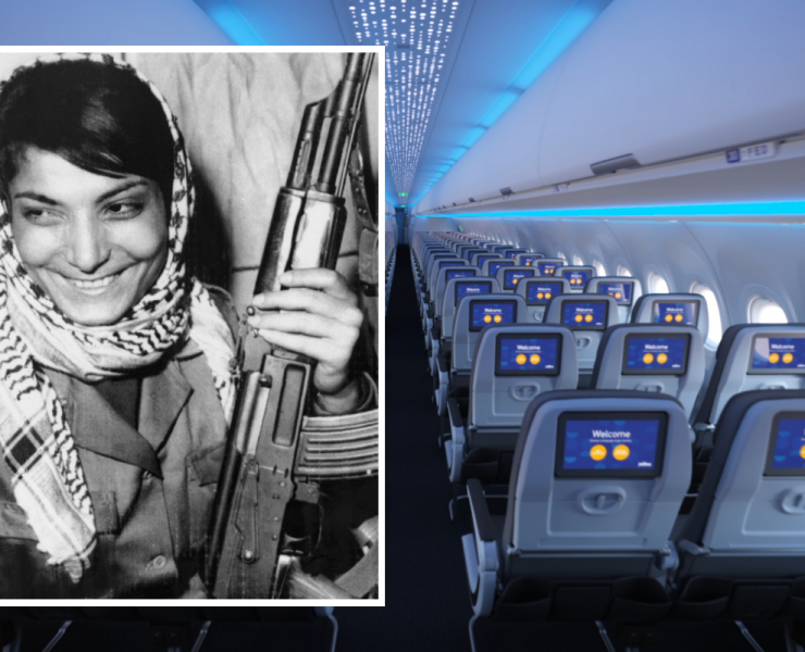 a woman holding a gun in an airplane