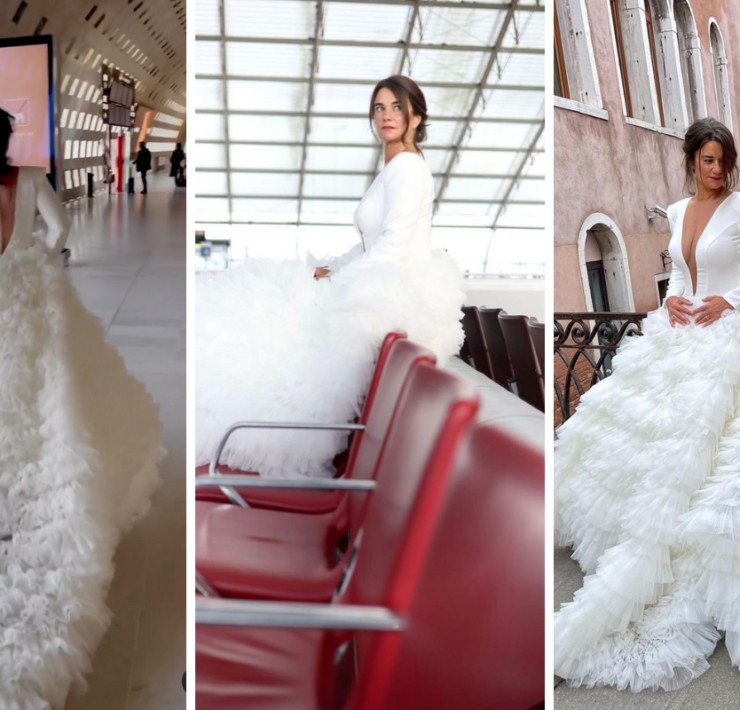 a collage of a woman in a white dress