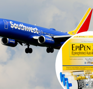 a blue airplane with white text and yellow label