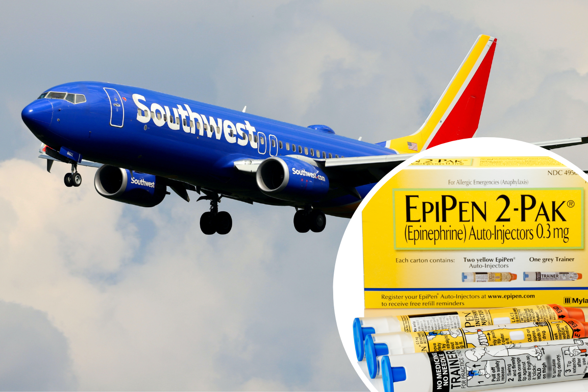 a blue airplane with white text and yellow label