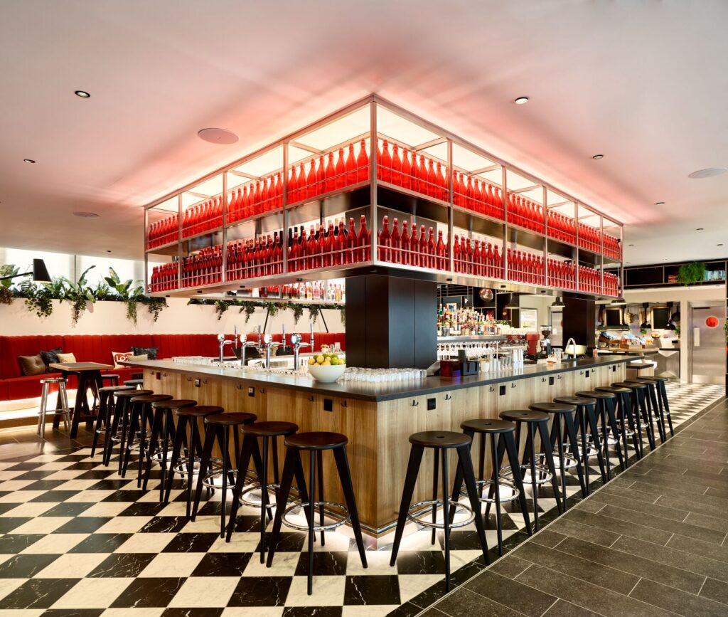 a bar with a black and white checkered floor