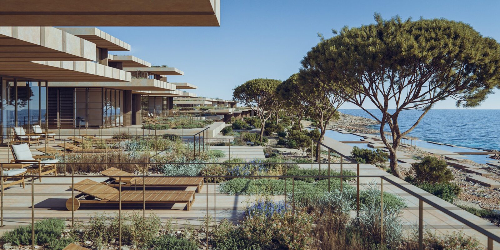 a building with a pool and trees