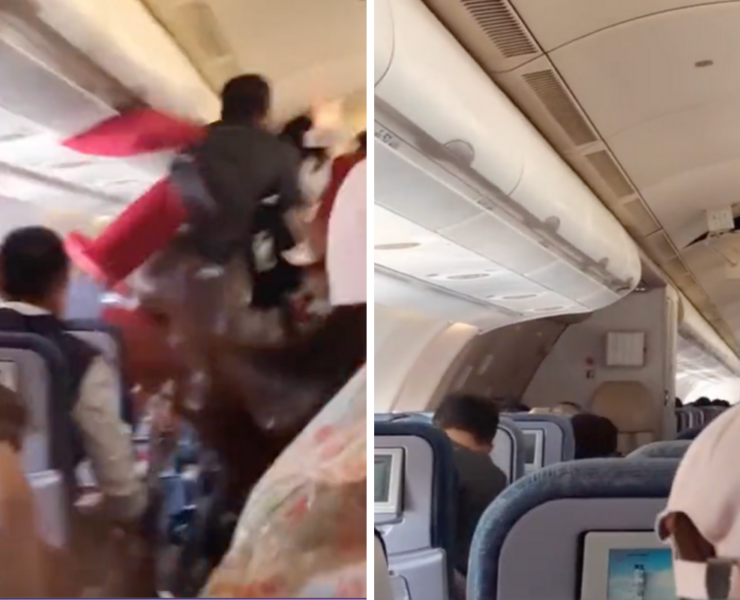 a collage of people on an airplane