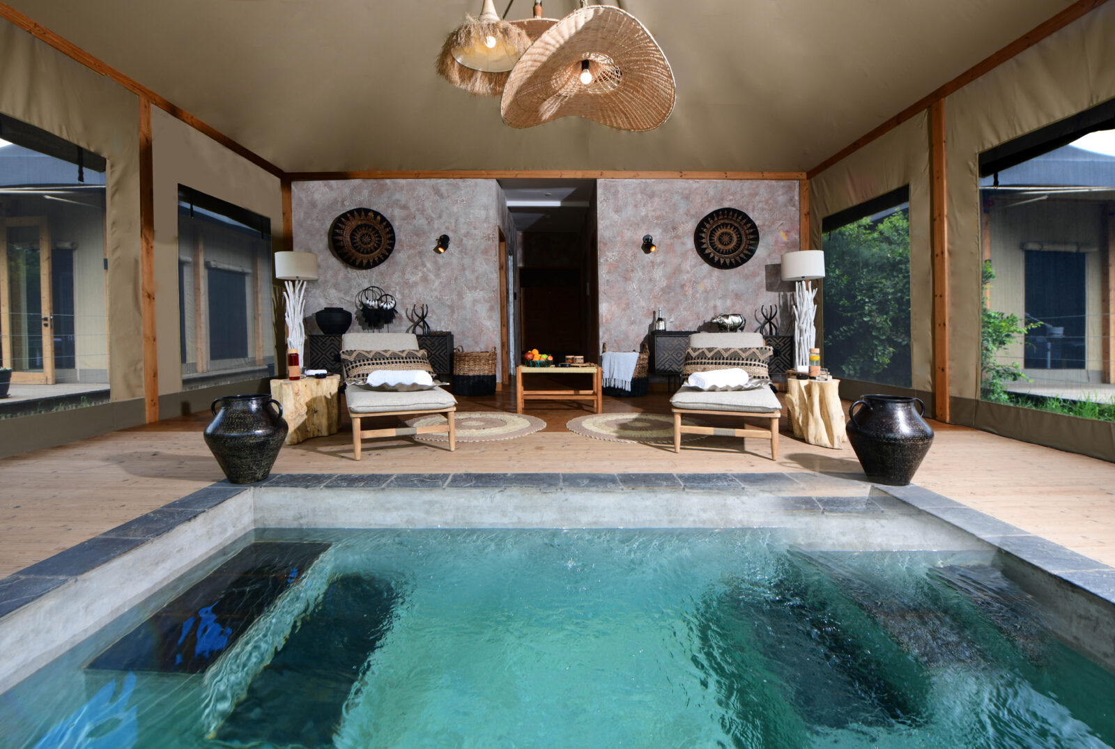 a swimming pool inside a room