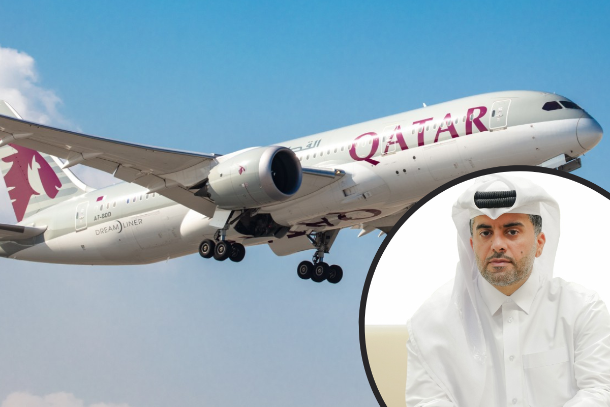 a man in a white robe flying in the air with a plane in the background