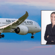 a woman in a suit and a plane
