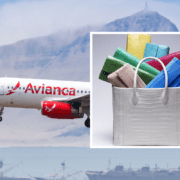 a bag with bags and a plane in the air