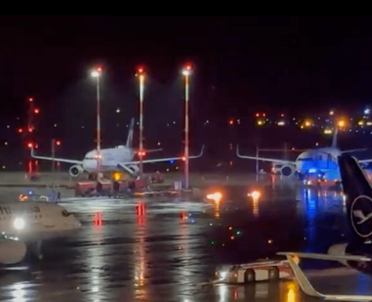 airplanes at an airport at night