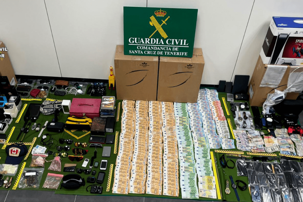 a table with money and boxes