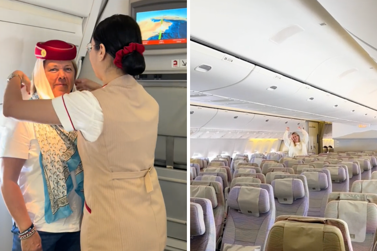 a woman in a uniform standing next to a woman in an airplane